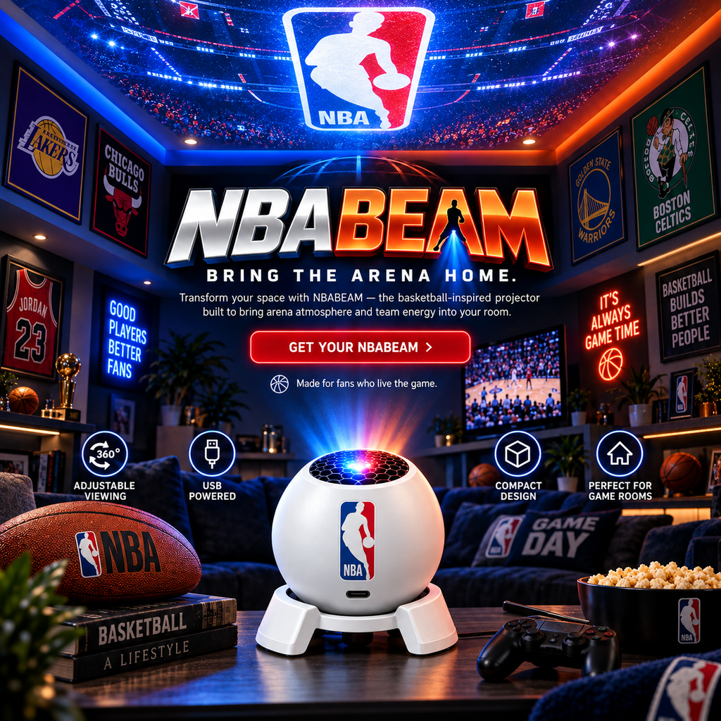 HoopBeam arena projector in a basketball fan room